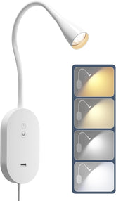 White LED reading lamp with flexible neck and packaging showing different light settings.